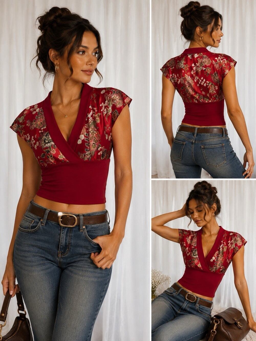 Wet Seal Y2K Red East Floral Satin Top Cap Flutter Sleeve Fitted Waist Boho M